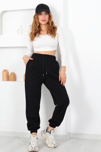 Paça Lastikli Üç İplik Siyah Kadın Eşofman Altı - 3