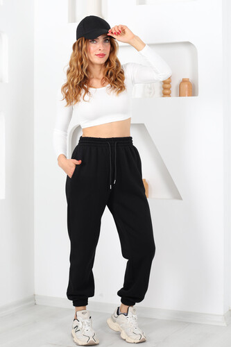 Paça Lastikli Üç İplik Siyah Kadın Eşofman Altı - 4