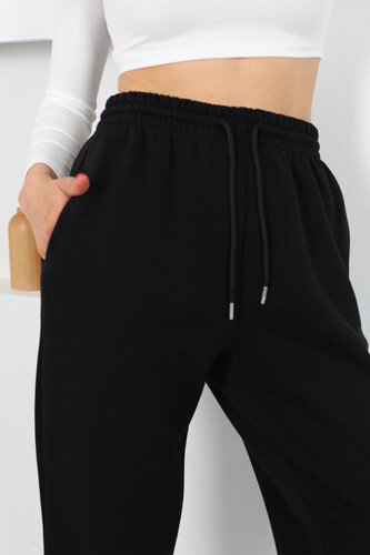 Paça Lastikli Üç İplik Siyah Kadın Eşofman Altı - 5