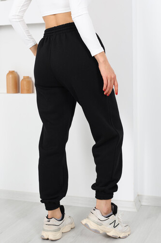 Paça Lastikli Üç İplik Siyah Kadın Eşofman Altı - 6