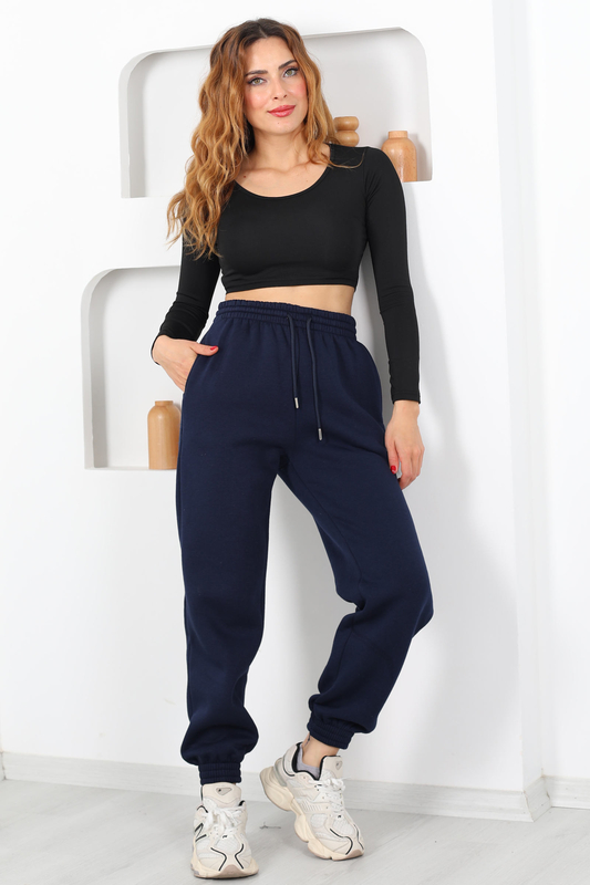 Paça Lastikli Üç İplik Lacivert Kadın Eşofman Altı - 1