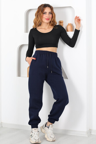 Paça Lastikli Üç İplik Lacivert Kadın Eşofman Altı - 4