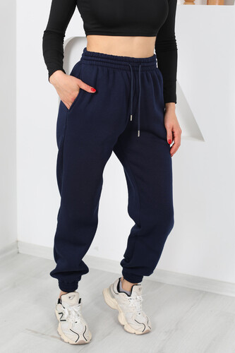 Paça Lastikli Üç İplik Lacivert Kadın Eşofman Altı - 5