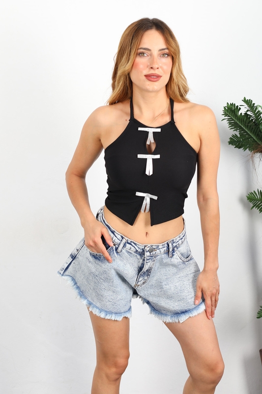 Paça Püsküllü Karyıkama Mavi Kadın Mini Kot Şort - 2