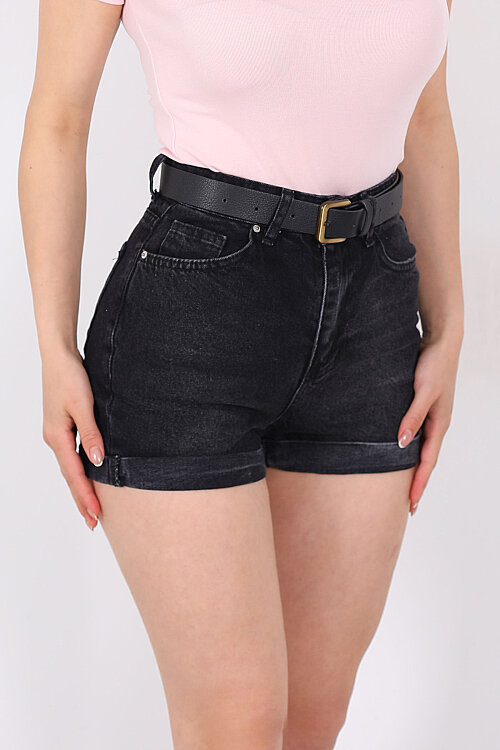 Paçası Kıvrık Kadın Siyah Denim Mini Şort - Berox (1)