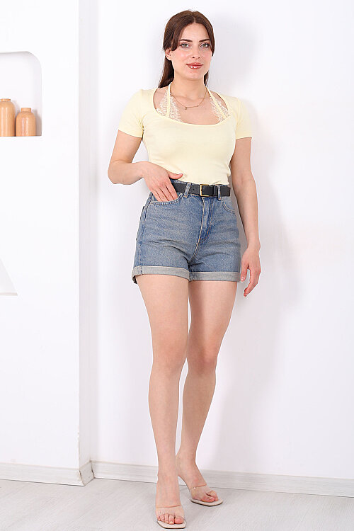 Paçası Kıvrık Kadın Tint Denim Mini Şort - 6