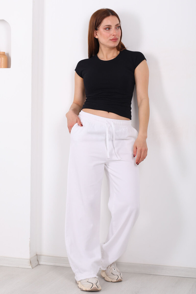 Paçası Püsküllü Beli Bağlamalı Kadın Beyaz Keten Pantolon - 4