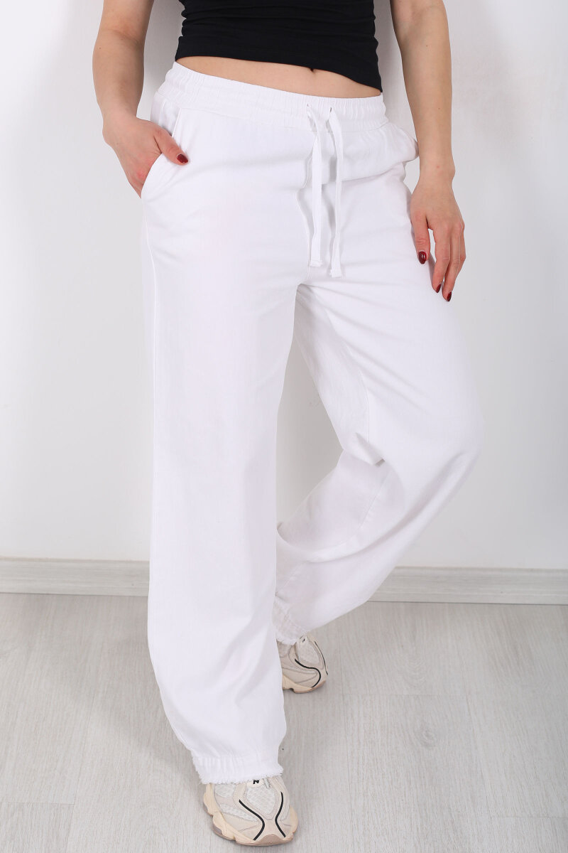 Paçası Püsküllü Beli Bağlamalı Kadın Beyaz Keten Pantolon - 2