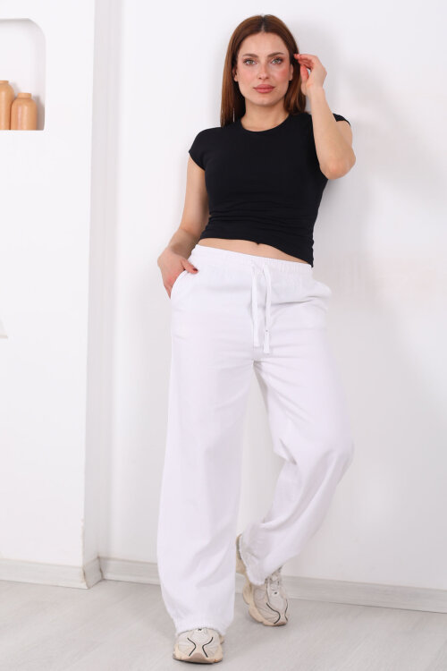 Paçası Püsküllü Beli Bağlamalı Kadın Beyaz Keten Pantolon - Berox