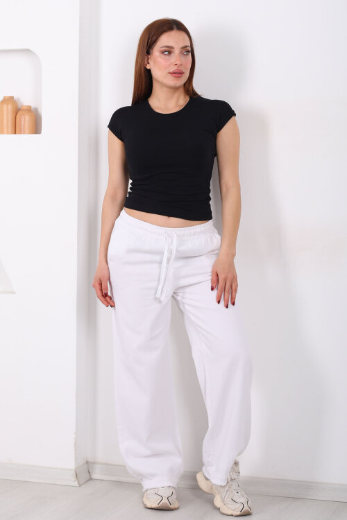 Paçası Püsküllü Beli Bağlamalı Kadın Beyaz Keten Pantolon - 6