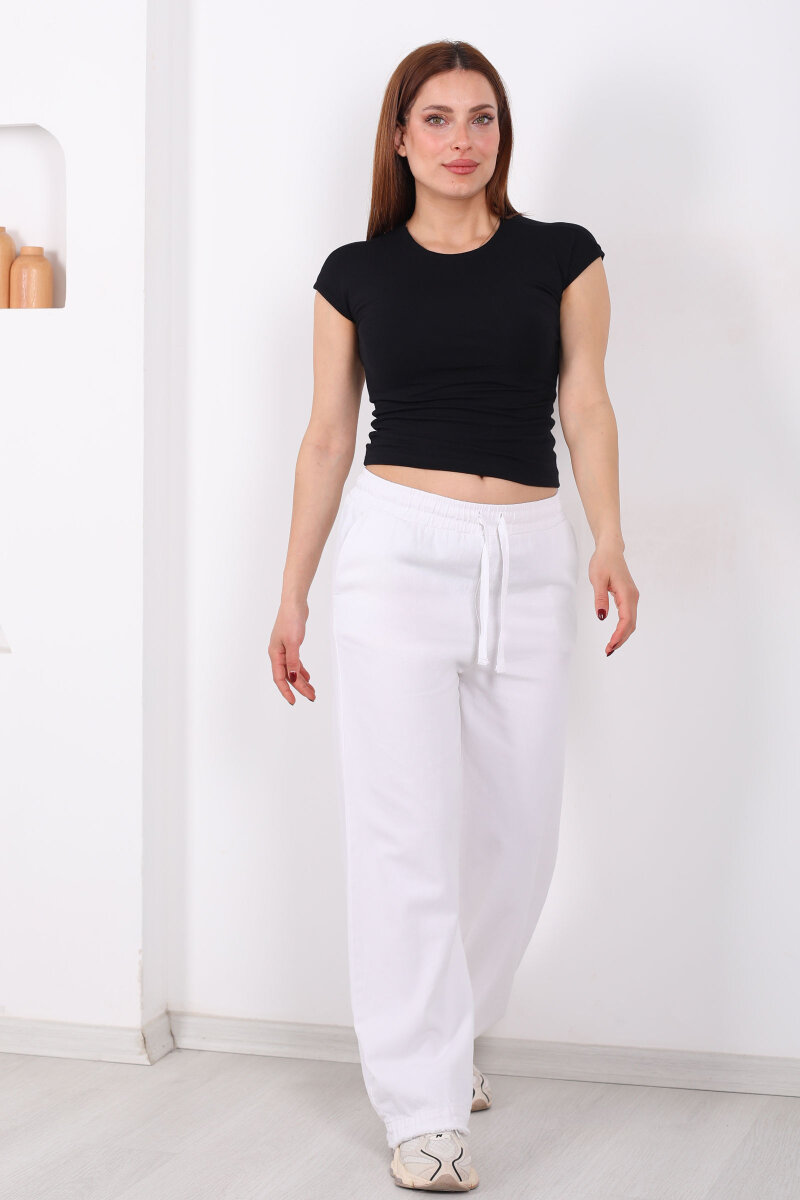 Paçası Püsküllü Beli Bağlamalı Kadın Beyaz Keten Pantolon - 3