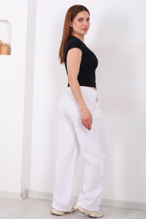 Paçası Püsküllü Beli Bağlamalı Kadın Beyaz Keten Pantolon - 5