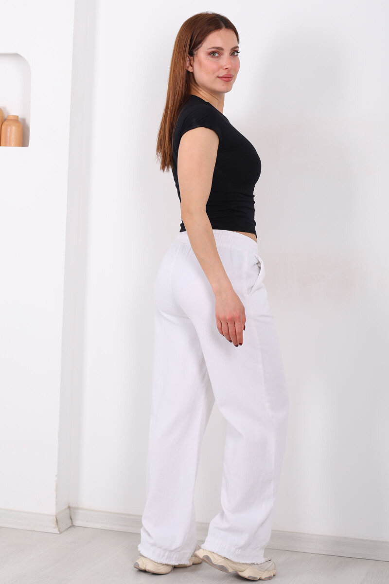 Paçası Püsküllü Beli Bağlamalı Kadın Beyaz Keten Pantolon - 5