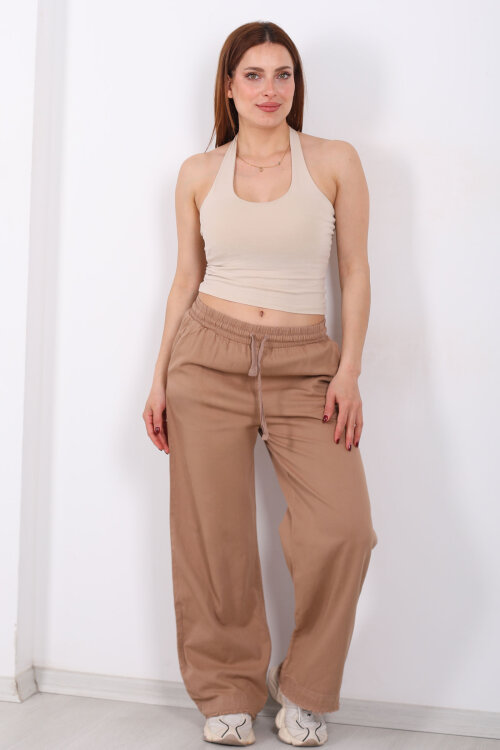 Paçası Püsküllü Beli Bağlamalı Kadın Camel Keten Pantolon - 6