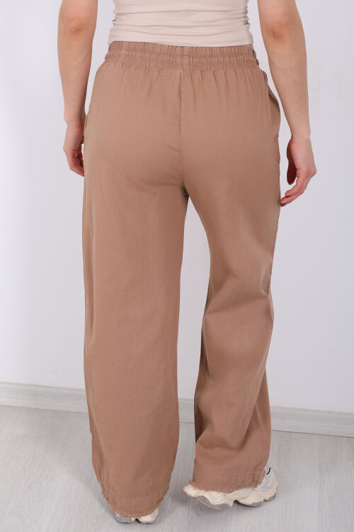 Paçası Püsküllü Beli Bağlamalı Kadın Camel Keten Pantolon - 5