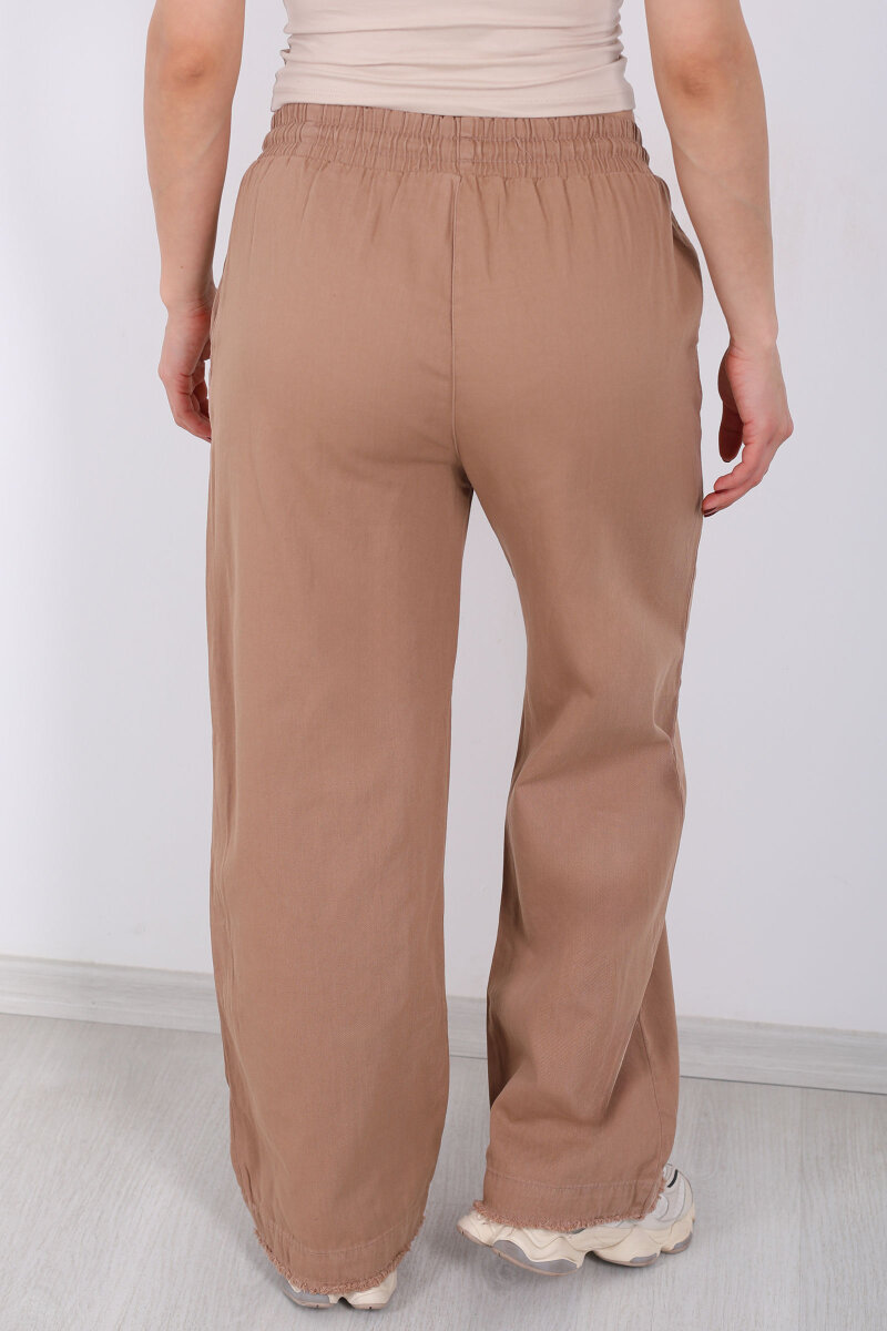 Paçası Püsküllü Beli Bağlamalı Kadın Camel Keten Pantolon - 5