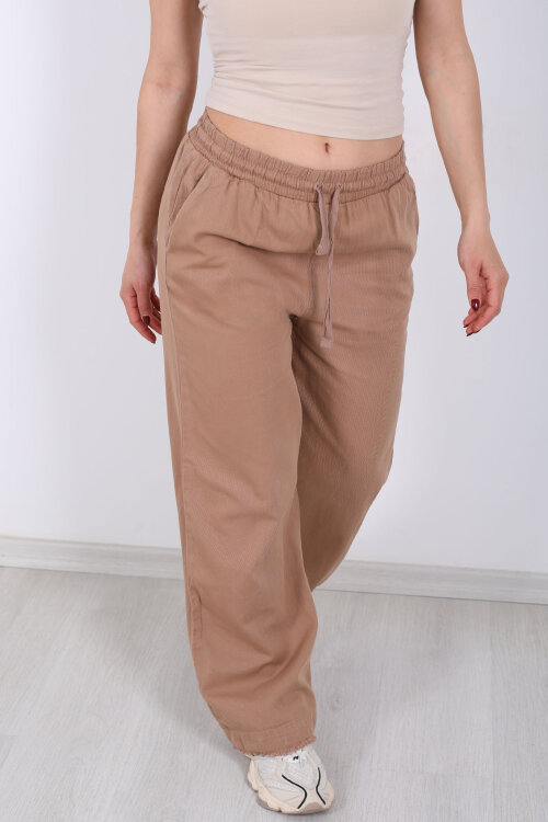 Paçası Püsküllü Beli Bağlamalı Kadın Camel Keten Pantolon - Berox (1)
