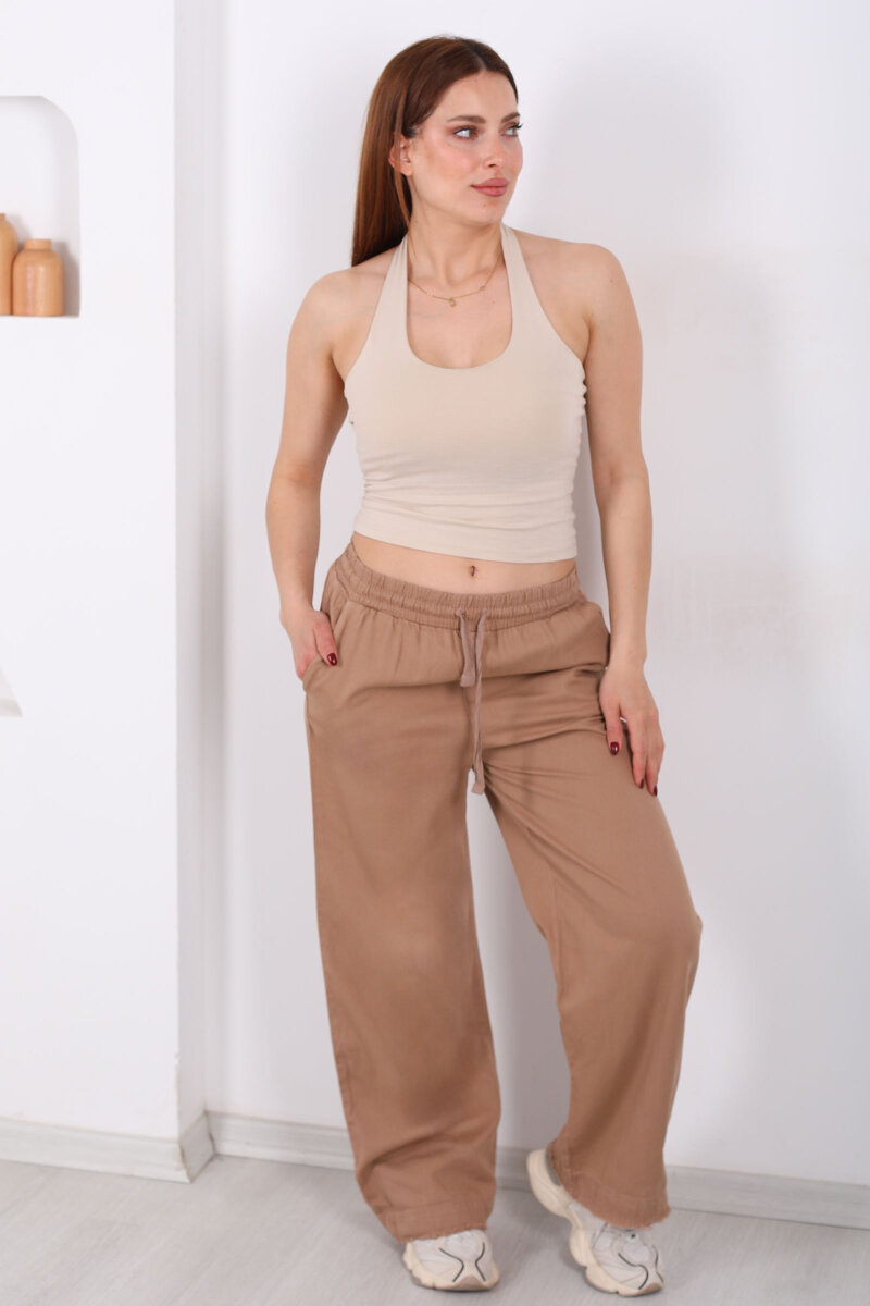 Paçası Püsküllü Beli Bağlamalı Kadın Camel Keten Pantolon - 4