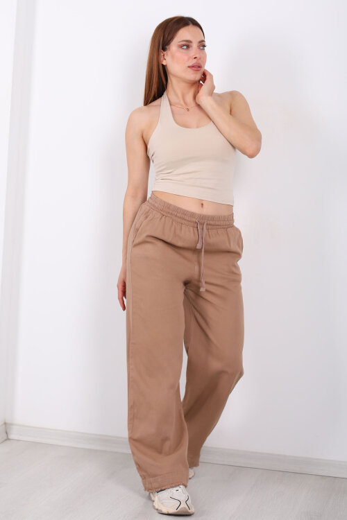 Paçası Püsküllü Beli Bağlamalı Kadın Camel Keten Pantolon - Berox