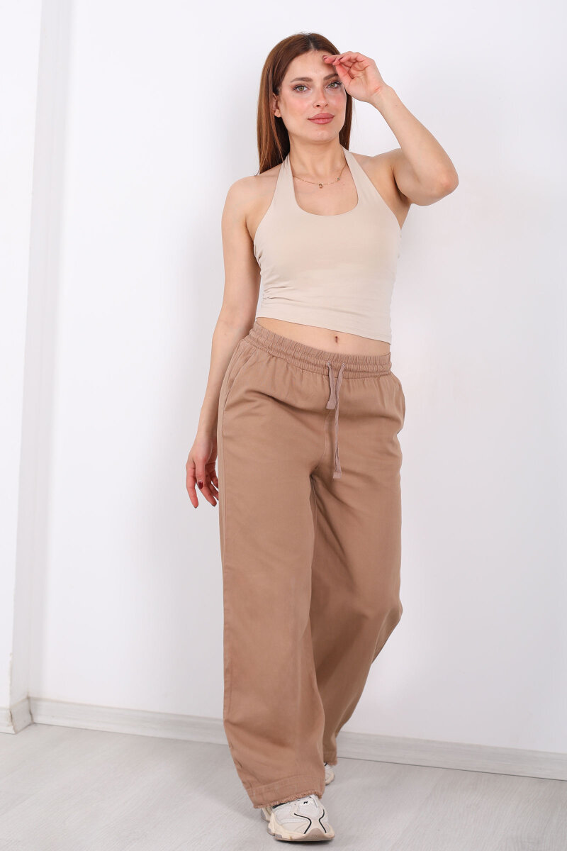 Paçası Püsküllü Beli Bağlamalı Kadın Camel Keten Pantolon - 3