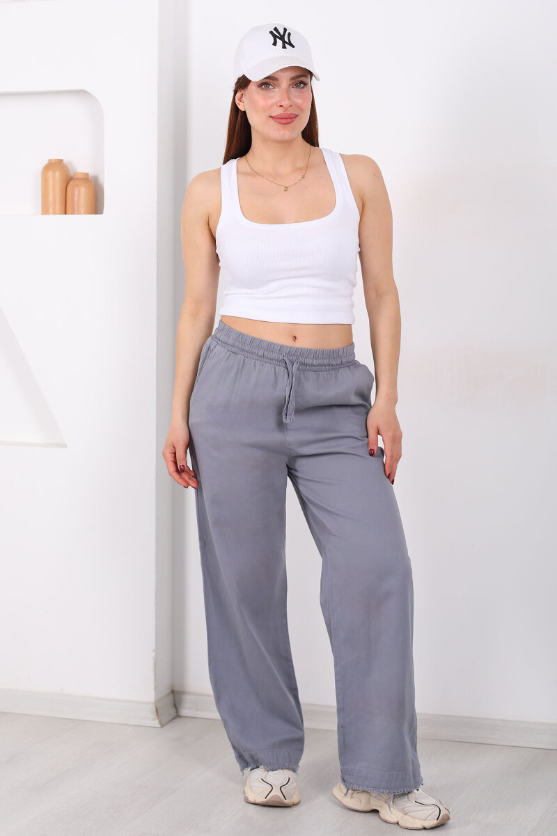 Paçası Püsküllü Beli Bağlamalı Kadın Gri Keten Pantolon - 6