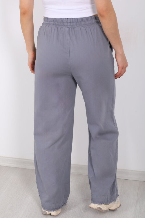 Paçası Püsküllü Beli Bağlamalı Kadın Gri Keten Pantolon - 5
