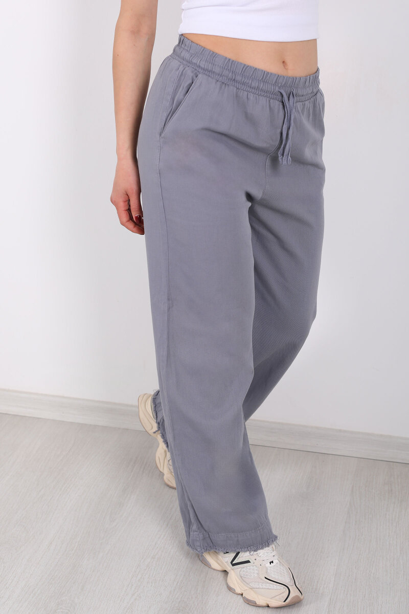 Paçası Püsküllü Beli Bağlamalı Kadın Gri Keten Pantolon - 2