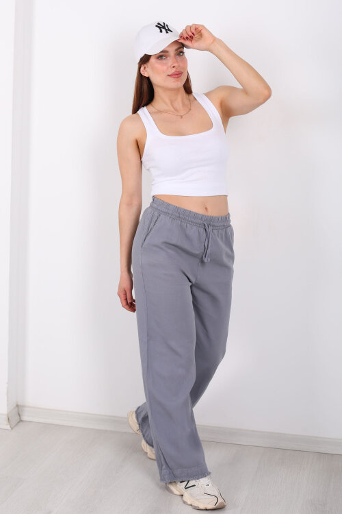 Paçası Püsküllü Beli Bağlamalı Kadın Gri Keten Pantolon - Berox