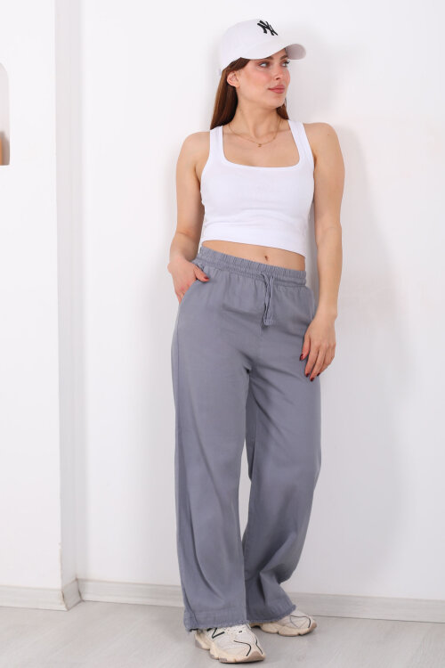 Paçası Püsküllü Beli Bağlamalı Kadın Gri Keten Pantolon - 3