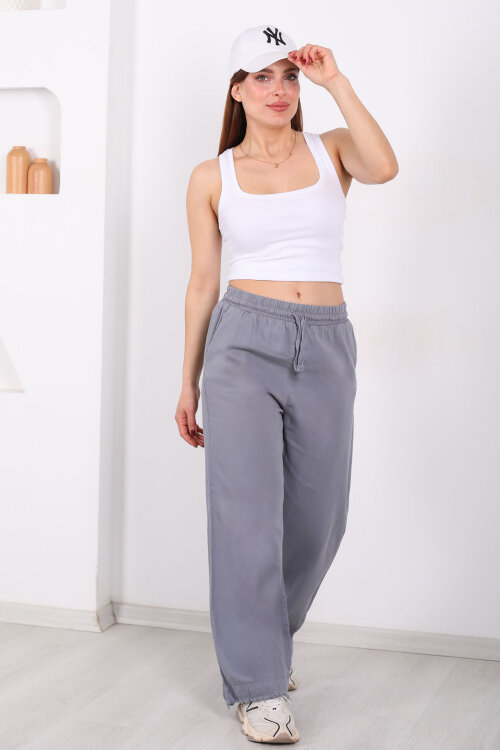 Paçası Püsküllü Beli Bağlamalı Kadın Gri Keten Pantolon - 4