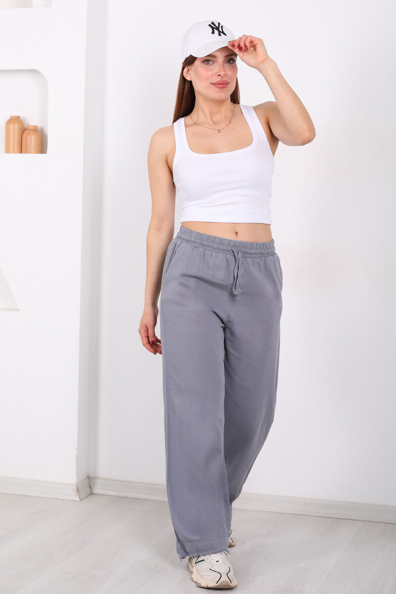 Paçası Püsküllü Beli Bağlamalı Kadın Gri Keten Pantolon - 4