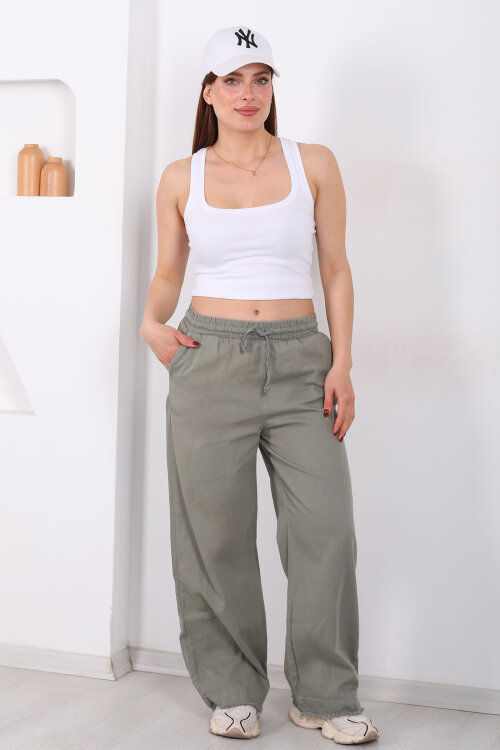 Paçası Püsküllü Beli Bağlamalı Kadın Haki Keten Pantolon - 5