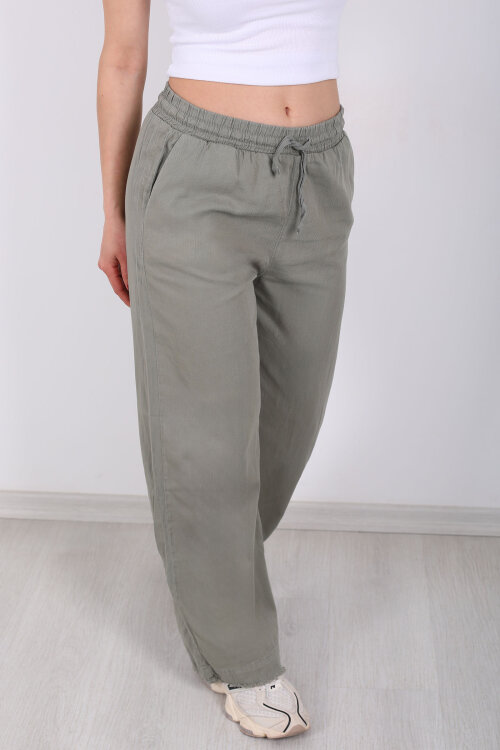 Paçası Püsküllü Beli Bağlamalı Kadın Haki Keten Pantolon - Berox (1)