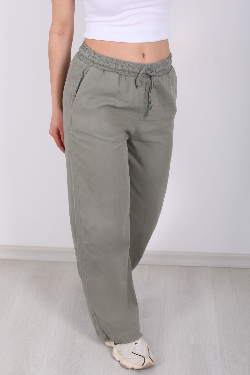 Paçası Püsküllü Beli Bağlamalı Kadın Haki Keten Pantolon - 2