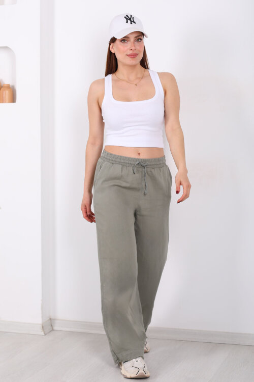 Paçası Püsküllü Beli Bağlamalı Kadın Haki Keten Pantolon - 3