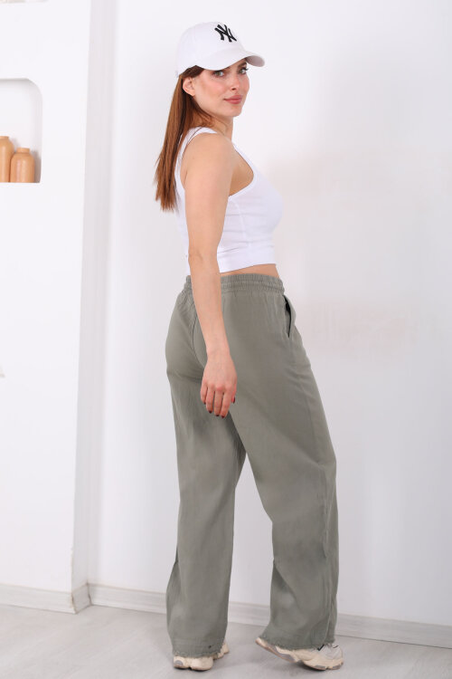 Paçası Püsküllü Beli Bağlamalı Kadın Haki Keten Pantolon - 4