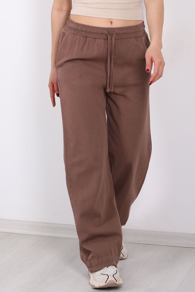 Paçası Püsküllü Beli Bağlamalı Kadın Kahverengi Keten Pantolon - 2