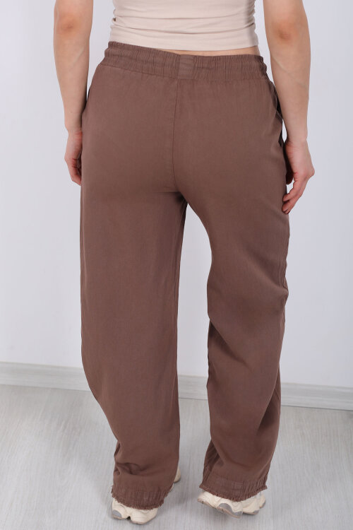 Paçası Püsküllü Beli Bağlamalı Kadın Kahverengi Keten Pantolon - 5