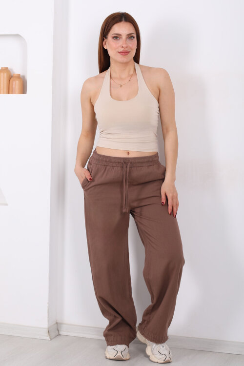 Paçası Püsküllü Beli Bağlamalı Kadın Kahverengi Keten Pantolon - 4