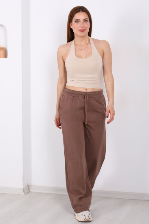 Paçası Püsküllü Beli Bağlamalı Kadın Kahverengi Keten Pantolon - 6