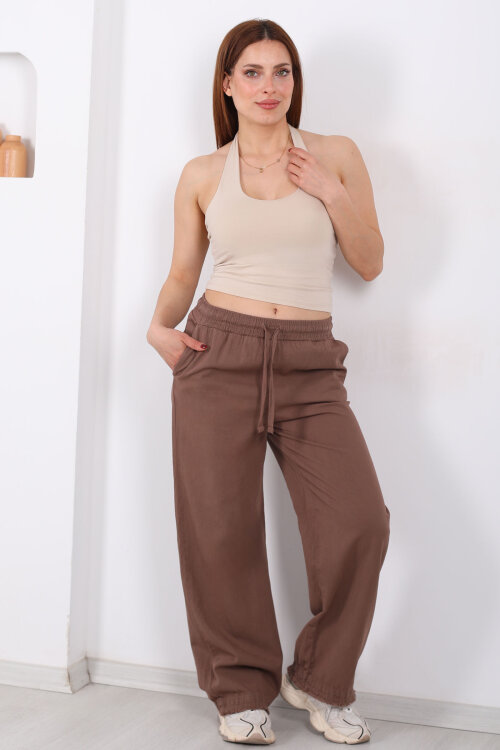 Paçası Püsküllü Beli Bağlamalı Kadın Kahverengi Keten Pantolon - Berox