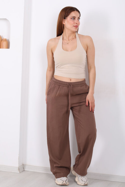 Paçası Püsküllü Beli Bağlamalı Kadın Kahverengi Keten Pantolon - 3