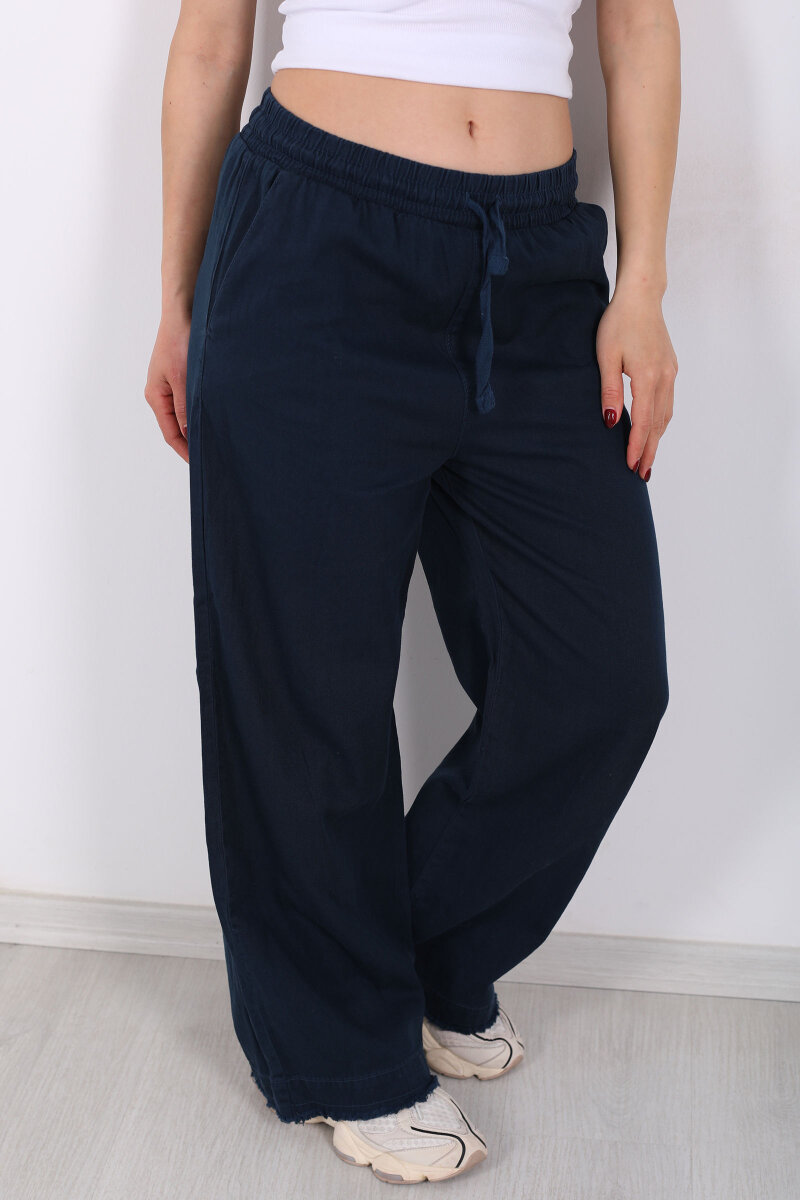 Paçası Püsküllü Beli Bağlamalı Kadın Lacivert Keten Pantolon - 2