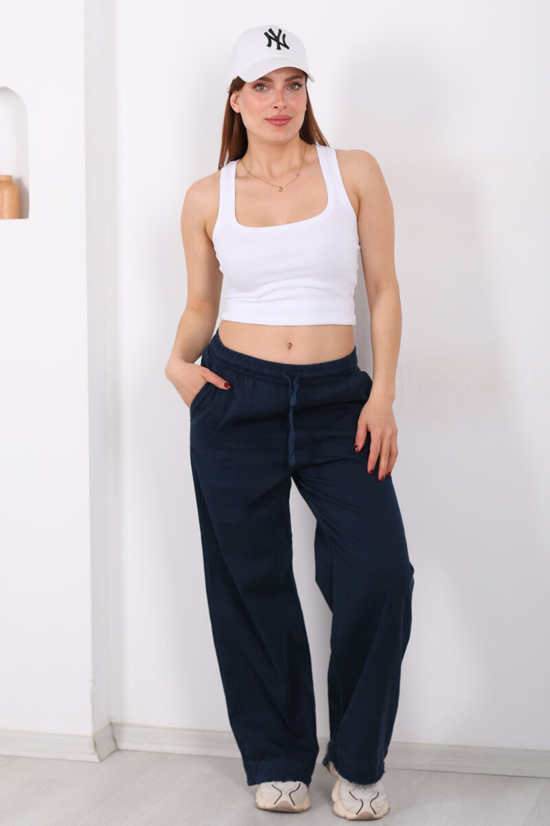 Paçası Püsküllü Beli Bağlamalı Kadın Lacivert Keten Pantolon - 5