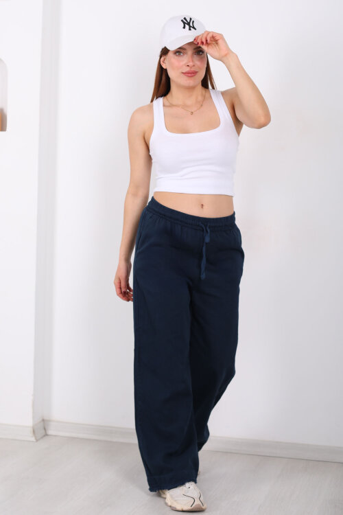 Paçası Püsküllü Beli Bağlamalı Kadın Lacivert Keten Pantolon - 3