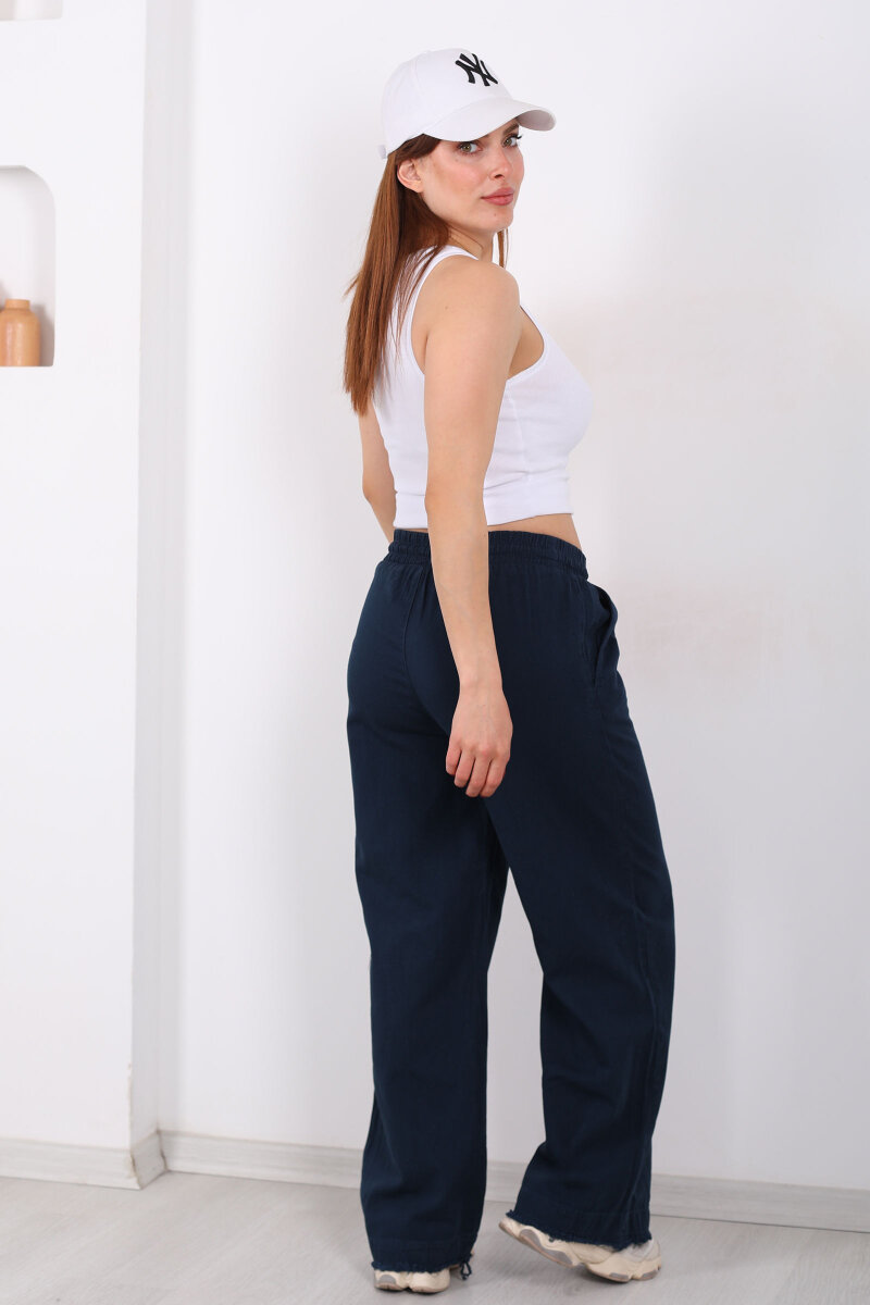 Paçası Püsküllü Beli Bağlamalı Kadın Lacivert Keten Pantolon - 4