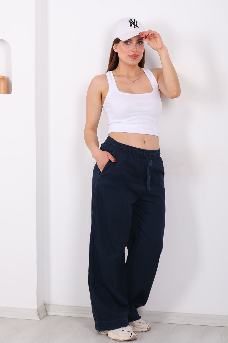 Paçası Püsküllü Beli Bağlamalı Kadın Lacivert Keten Pantolon - 1