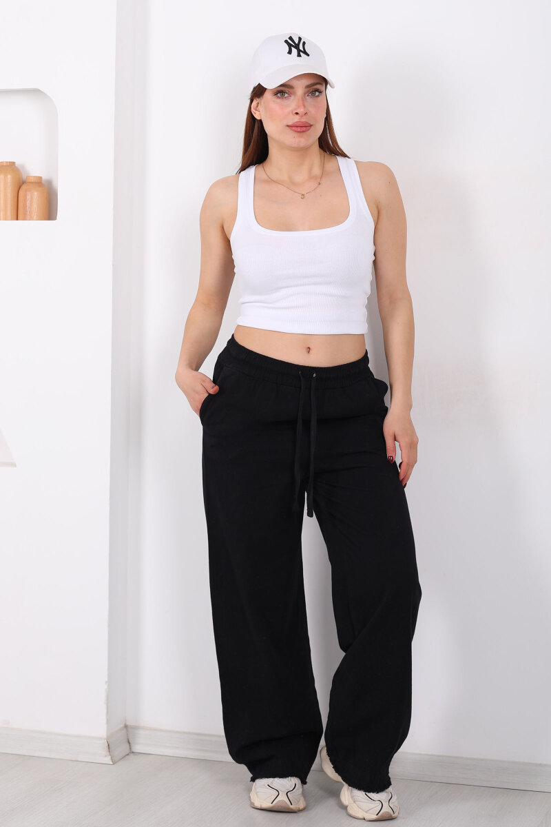 Paçası Püsküllü Beli Bağlamalı Kadın Siyah Keten Pantolon - 6