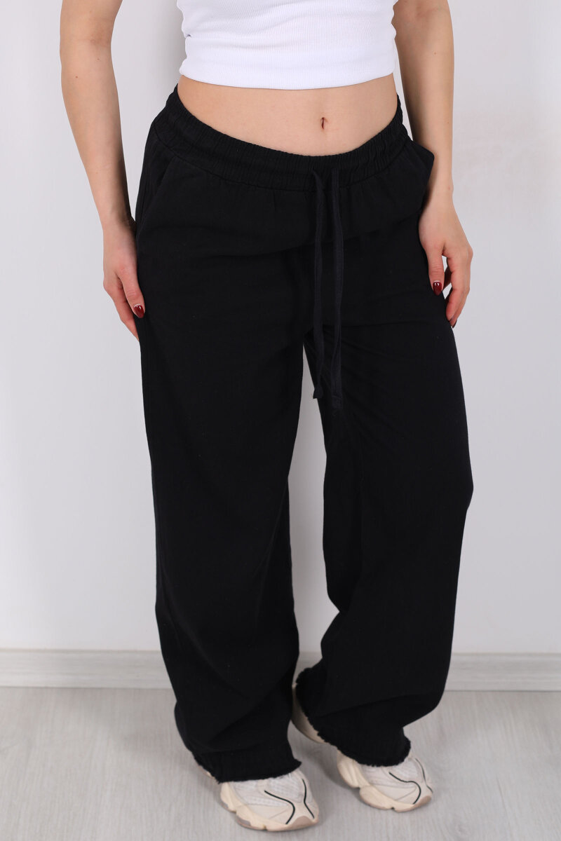 Paçası Püsküllü Beli Bağlamalı Kadın Siyah Keten Pantolon - 2
