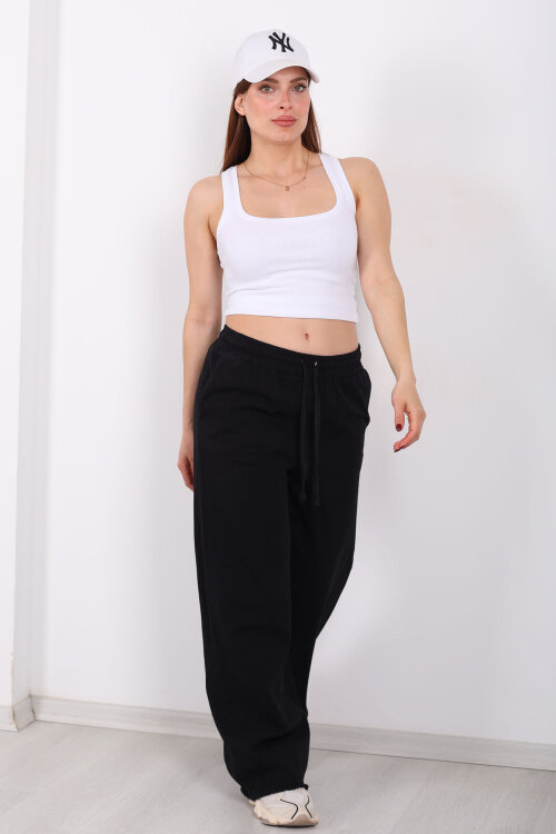 Paçası Püsküllü Beli Bağlamalı Kadın Siyah Keten Pantolon - 4